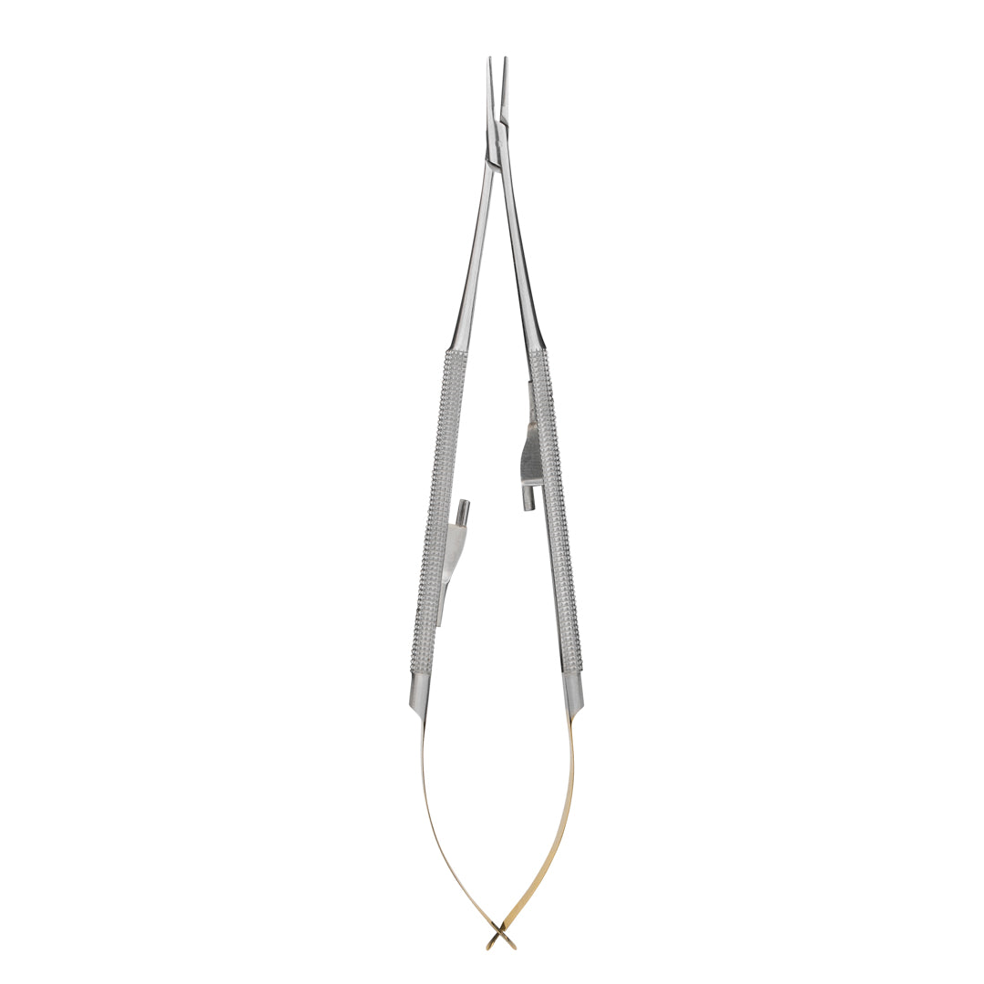 UltraHold™ Castroviejo Needle Holder with Tungsten Carbide Jaws, Available in Curved and Straight Versions for Precise Suturing.