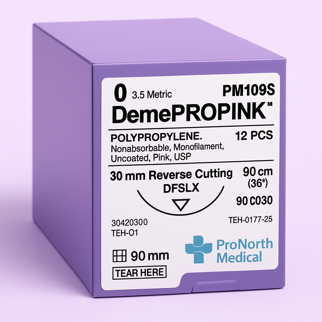 Box of size 0 DEMEPROPINK pink polypropylene non-absorbable suture, 90 cm, with a 30 mm 3/8-circle needle, reference PM109S, for veterinary use.