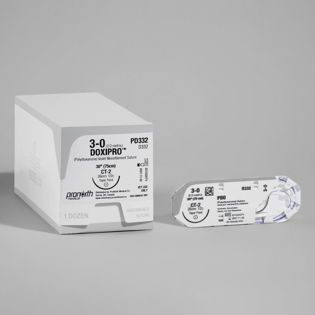 Image of ProNorth Medical's DOXIPRO™ PD332 suture packaging, indicating its use for veterinary surgeries. The box highlights the 3-0 suture size, 30-inch length, and CT-2 taper point needle, all in a violet hue for improved surgical visibility, reflecting the suture's absorbable and monofilament properties.