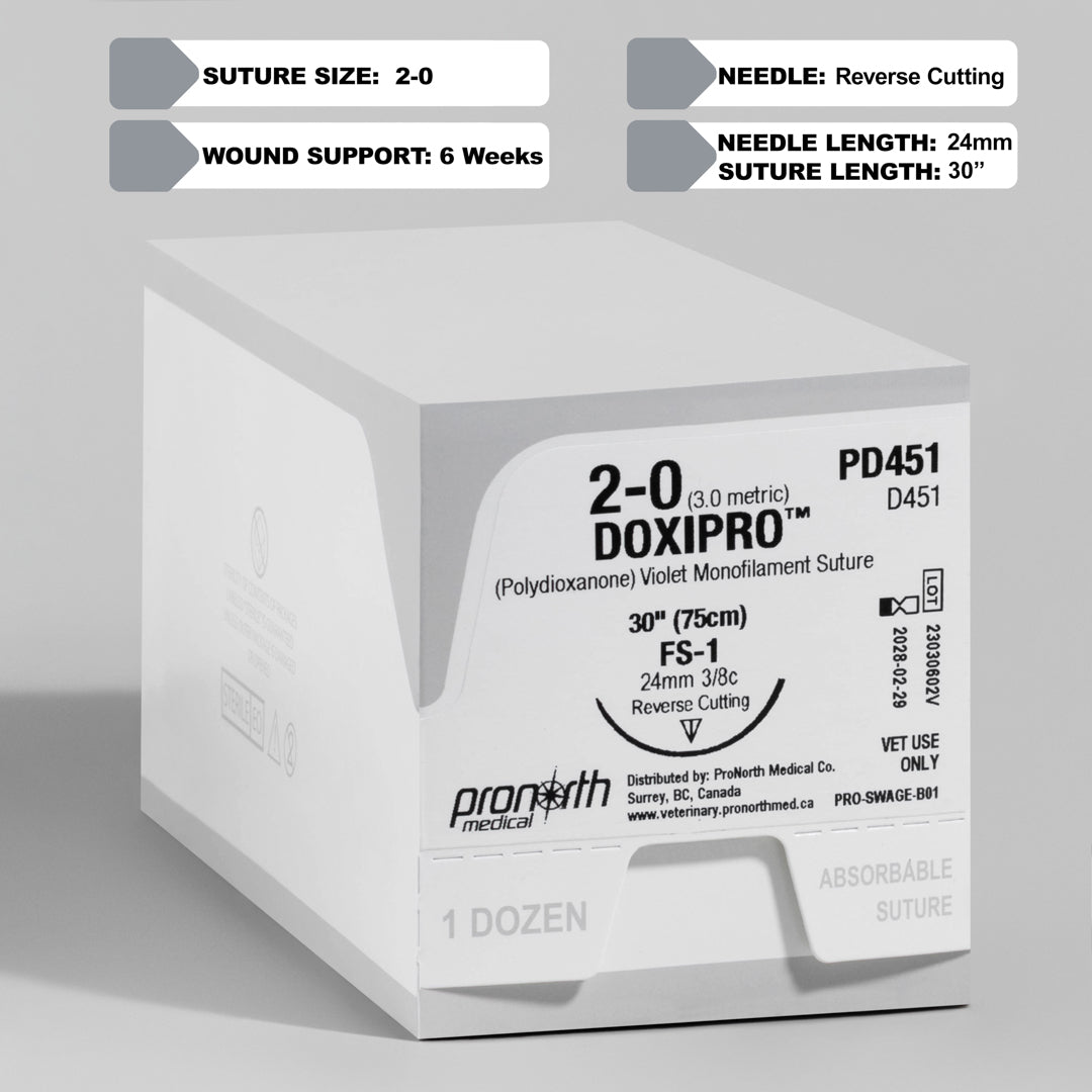 Image shows ProNorth Medical's DOXIPRO™ PD451 suture package, marked for veterinary use. The package displays a 2-0 suture size with a 30-inch violet monofilament and a 24 mm FS-1 reverse cutting needle, highlighting its absorbable nature and suitability for high-quality veterinary surgical care.