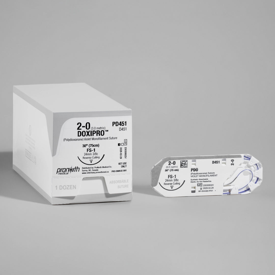 Image shows ProNorth Medical's DOXIPRO™ PD451 suture package, marked for veterinary use. The package displays a 2-0 suture size with a 30-inch violet monofilament and a 24 mm FS-1 reverse cutting needle, highlighting its absorbable nature and suitability for high-quality veterinary surgical care.