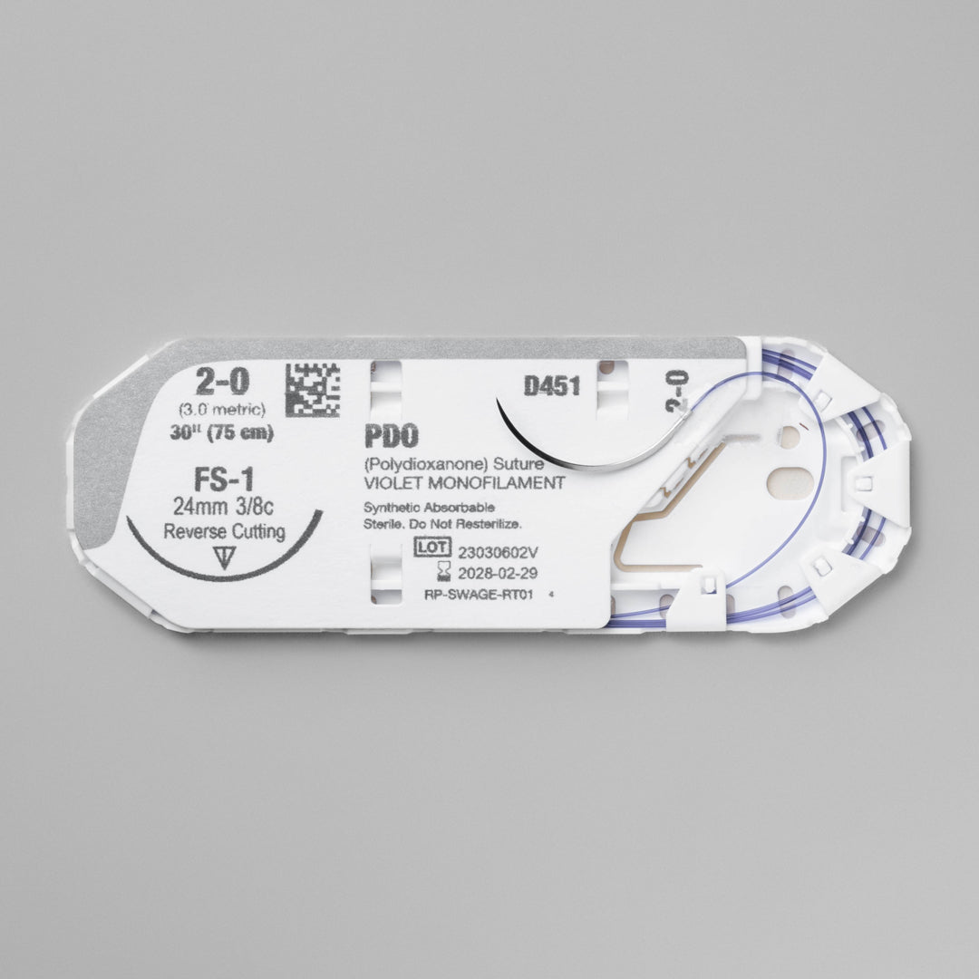 Image shows ProNorth Medical's DOXIPRO™ PD451 suture package, marked for veterinary use. The package displays a 2-0 suture size with a 30-inch violet monofilament and a 24 mm FS-1 reverse cutting needle, highlighting its absorbable nature and suitability for high-quality veterinary surgical care.