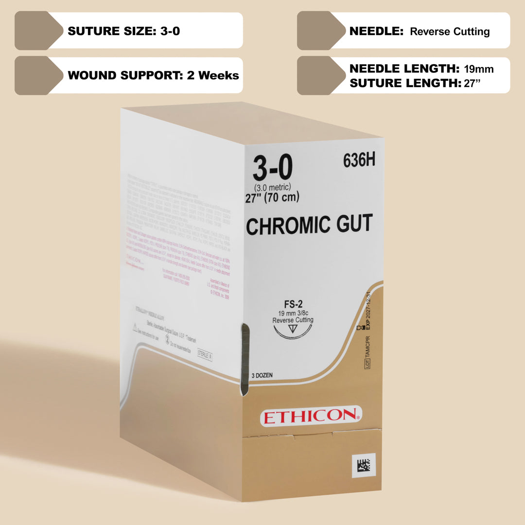 Image of ETHICON's 636H Chromic Gut suture box, with a 3-0 suture size and a 27-inch FS-2 reverse cutting needle, designed for effective wound closure. The box conveys the quantity of three dozen sutures, highlighting the chromic gut's absorbable properties and suitability for varied medical procedures.