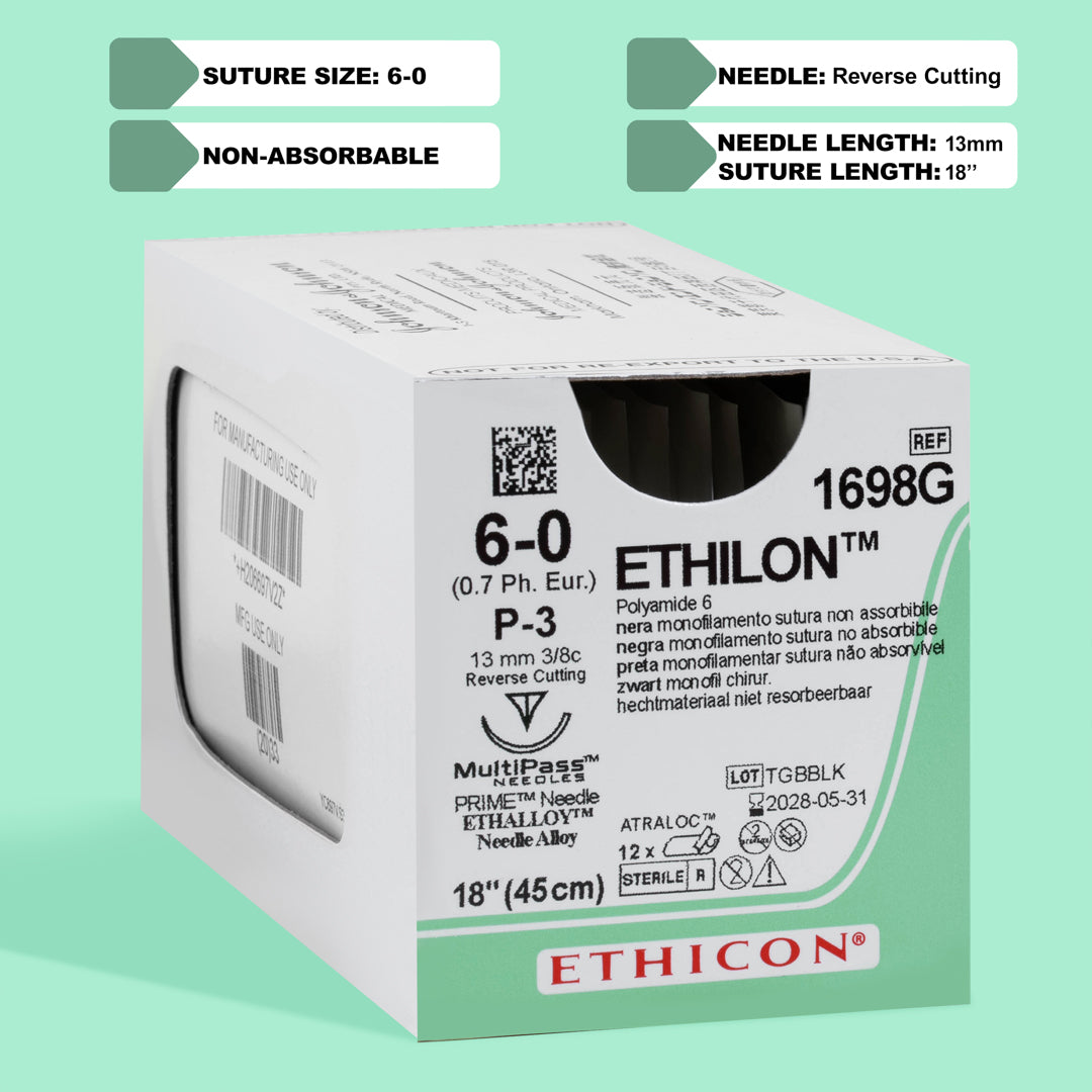 A box of Ethicon 6-0 ETHILON® Black Nylon Sutures, with product code 1698G, featuring an 18-inch length and equipped with a silver P-3 reverse cutting needle. The suture pack is labeled for non-absorbable use, indicating its purpose for surgeries where durable, long-lasting suture material is required.