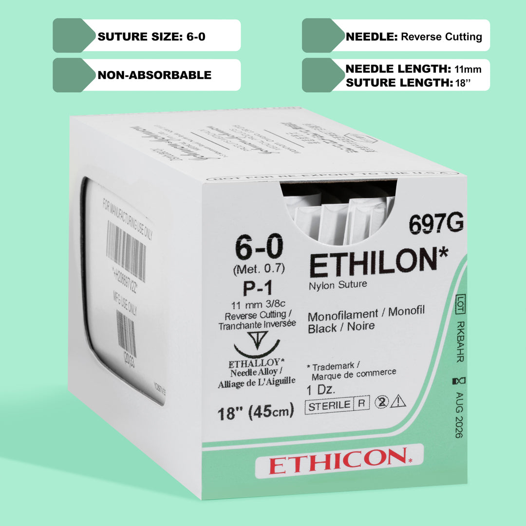 Box of Ethicon 6-0 ETHILON® Black Nylon Sutures, item 697G, featuring a fine gauge suture and an 11mm P-1 reverse cutting needle. The packaging highlights the suture's non-absorbable quality and the specialized MULTIPASS® needle, crafted for delicate and precise surgical applications.