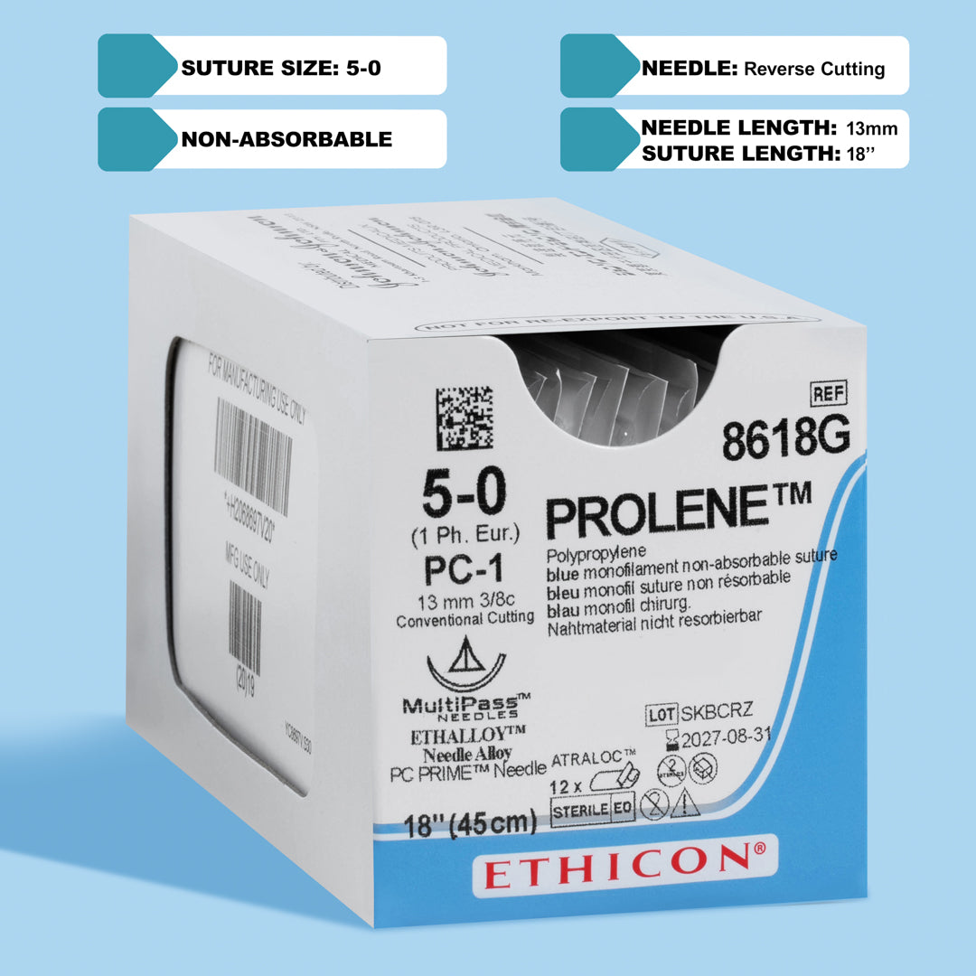 A box of PROLENE® 5-0 Blue Polypropylene Sutures, model 8618G, displaying the durable synthetic sutures equipped with a sharp 13mm PC-1 conventional cutting needle for precise surgical applications and enduring wound support