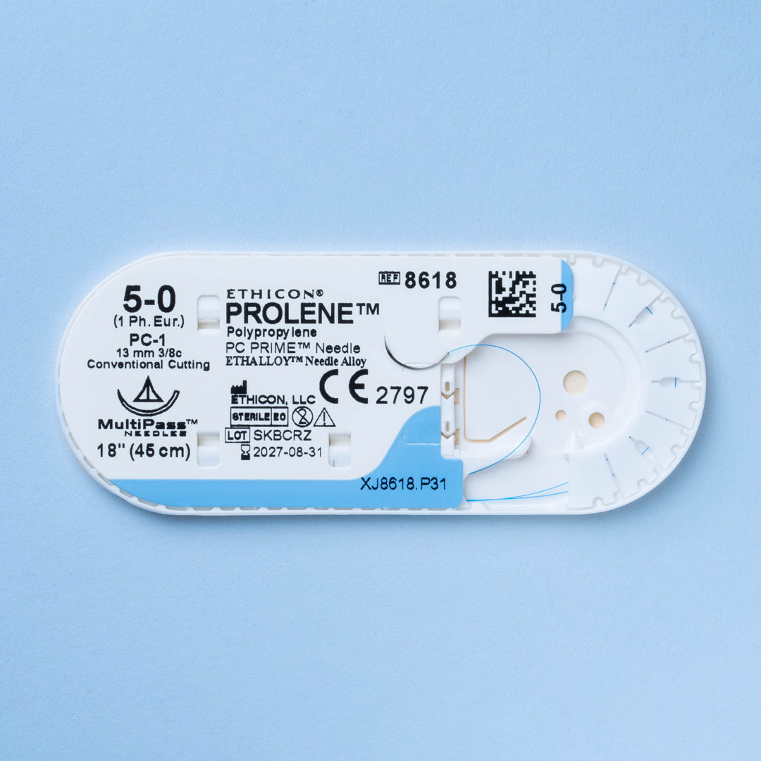 A box of PROLENE® 5-0 Blue Polypropylene Sutures, model 8618G, displaying the durable synthetic sutures equipped with a sharp 13mm PC-1 conventional cutting needle for precise surgical applications and enduring wound support