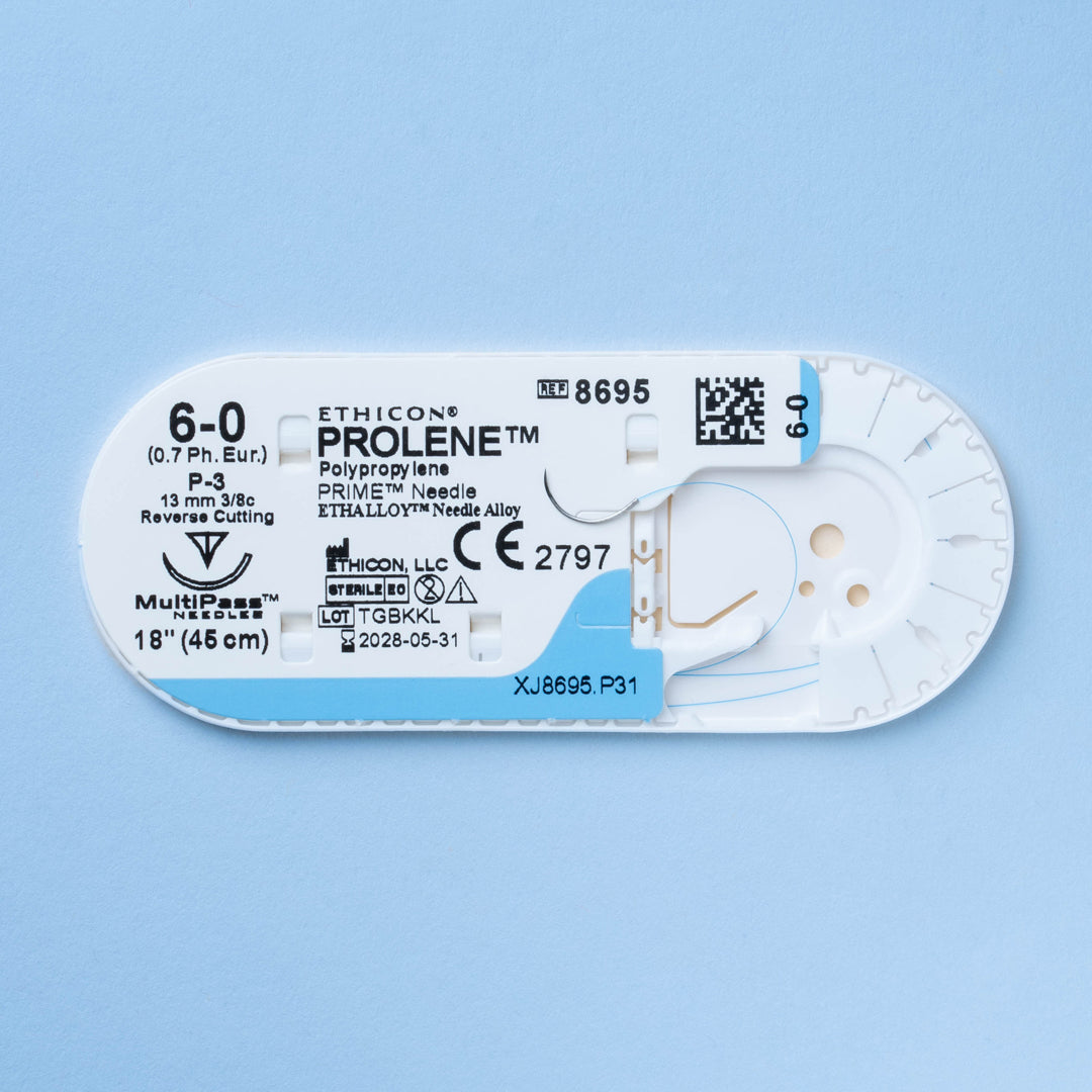 PROLENE® 6-0 Blue Polypropylene Suture pack, model 8695G, with ultra-fine sutures and a 13mm P-3 precision reverse cutting needle, perfect for intricate surgical applications in ophthalmology, dental surgery, and dermatology, ensuring durable support and minimal visibility.