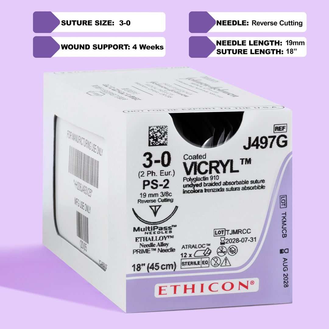 Pack of 3-0 COATED VICRYL® sutures, model J497G, featuring undyed threads attached to a 19mm PS-2 reverse cutting needle, prepared for high-precision surgical applications and designed for exceptional patient care.