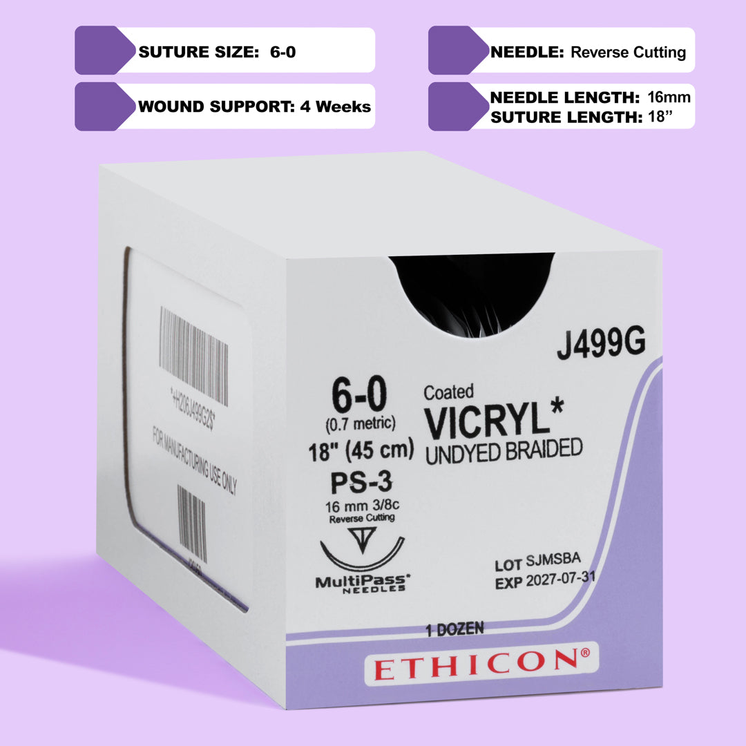 COATED VICRYL® 6-0 undyed suture, model J499G, with 18-inch length and PS-3 needle, packed in a box of 12 for surgical use. Highlighting its absorbable nature and specialized needle for precision in soft tissue approximation.