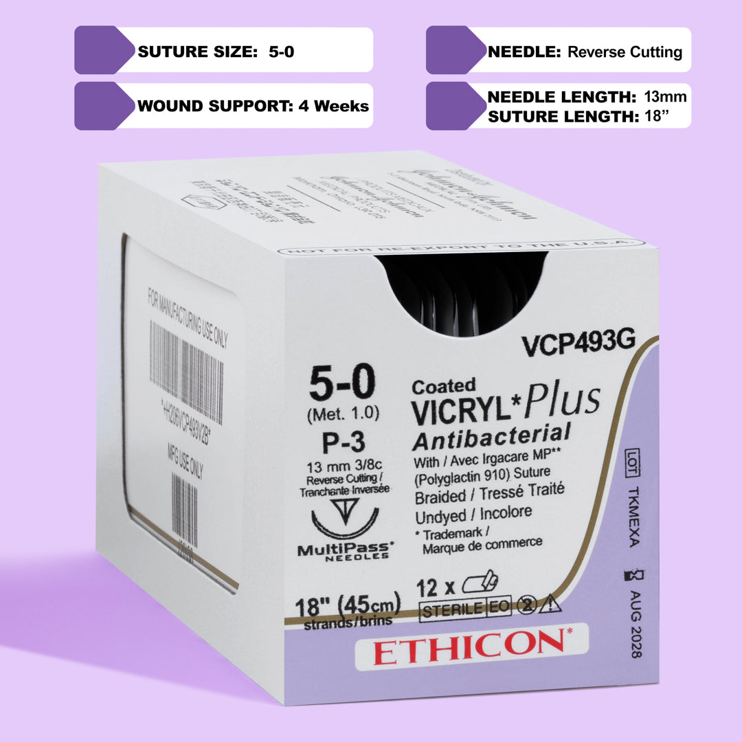 COATED VICRYL® Plus Antibacterial 5-0 undyed sutures, model VCP493G, with a 13mm P-3 reverse cutting needle, designed to offer enhanced infection control in various surgical applications. The packaging emphasizes the suture's dual benefits of reliable wound closure and antibacterial action.