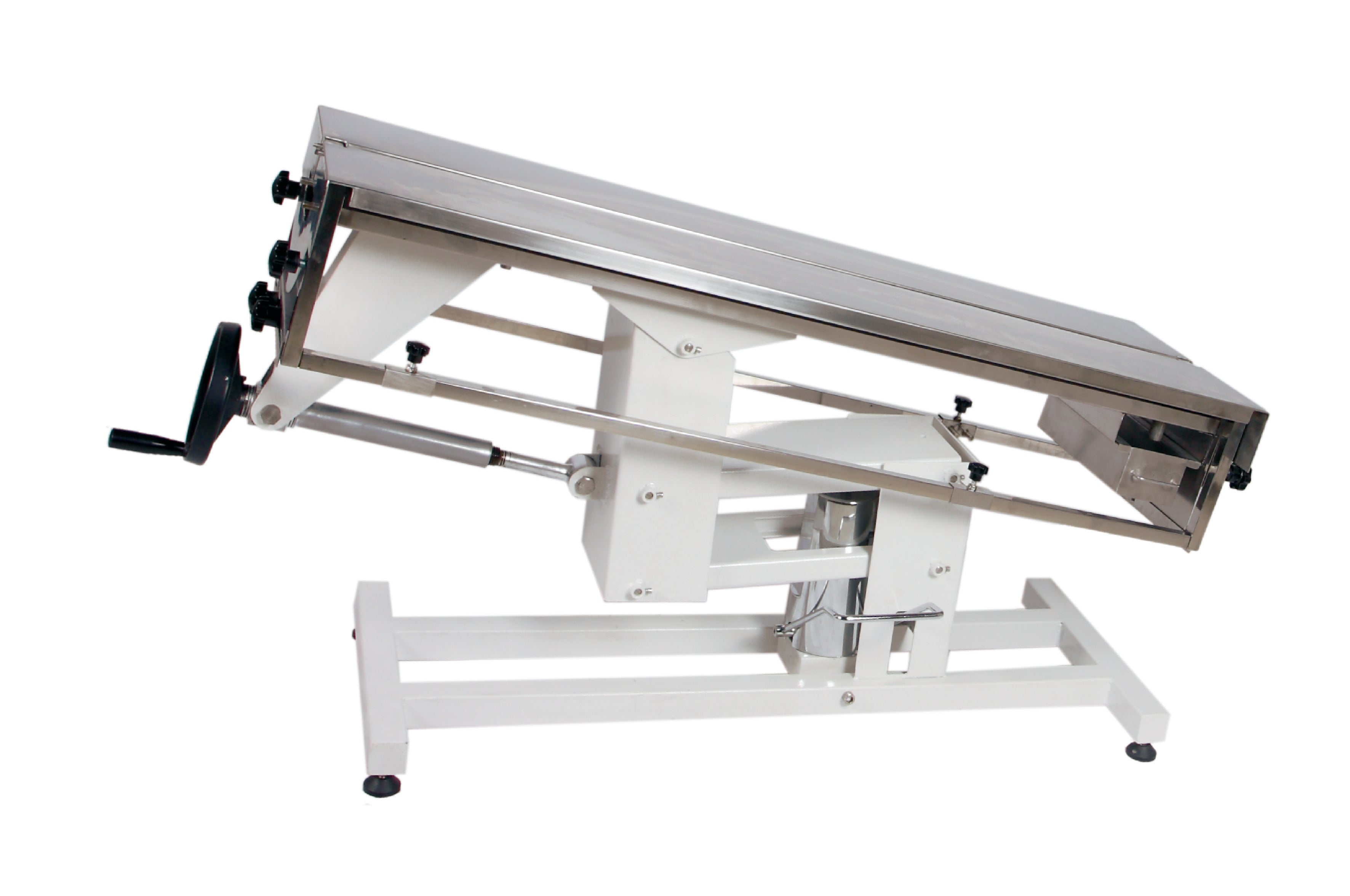 High-quality stainless steel veterinary surgery table with advanced features, including an adjustable lift system, fluid management, and durable construction.