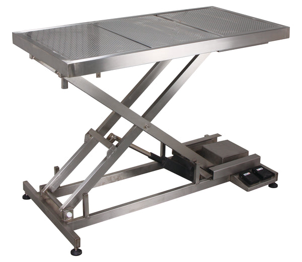 Low-height scissor-lift operation table with a stainless steel drain trough for veterinary surgery.