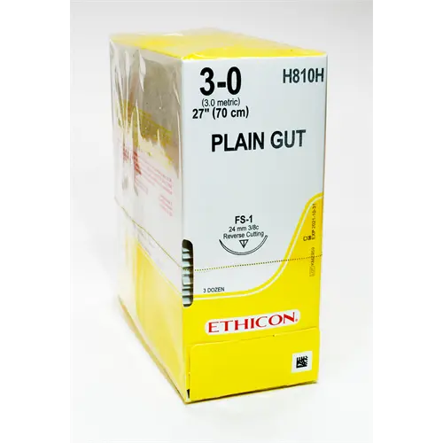 Box of 3-0 plain gut absorbable suture, 27-inch length with an FS-1 needle, Ethicon reference H810H.
