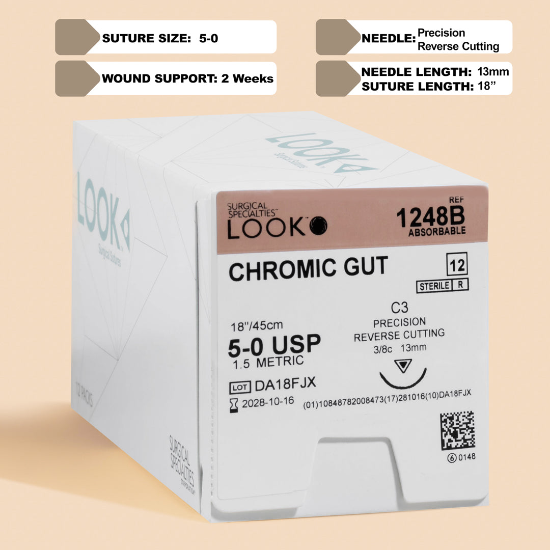 Box of 5-0 Chromic Gut sutures with a C-3 precision reverse cutting needle, model 1248B, highlighting the 2-week wound support and featuring a QR code for quick scanning. The package underlines sterility and the absorbable nature of the sutures for effective wound care management.