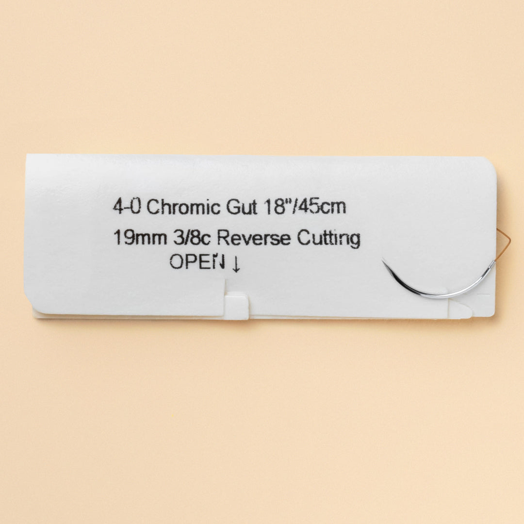 Product Specifications: Suture Type: Absorbable Suture Material: Chromic Gut Suture Size: 4-0 (metric size 2.0) Suture Length: 18 inches (45 cm) Needle Type: C-6, reverse cutting Needle Length: 19 mm Quantity per Box: 12 sutures Wound Support: 2 Weeks Color: Brown (due to chromic processing)