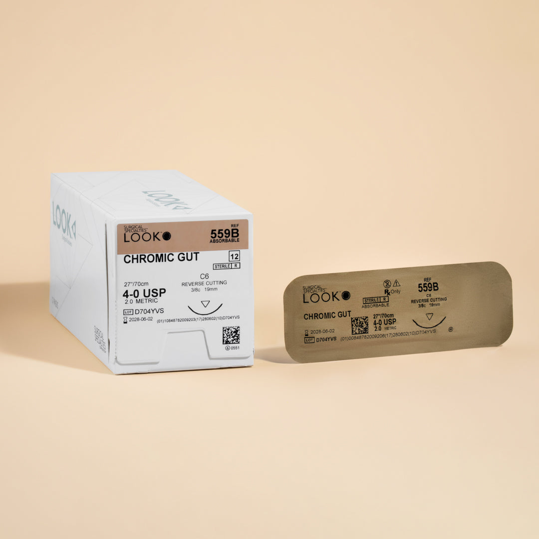 Box of 4-0 Chromic Gut sutures with a C-6 reverse cutting needle, model 559B, highlighting the two-week wound support capability and featuring a QR code for quick scanning. The sterile packaging ensures safety and reliability for surgical procedures.