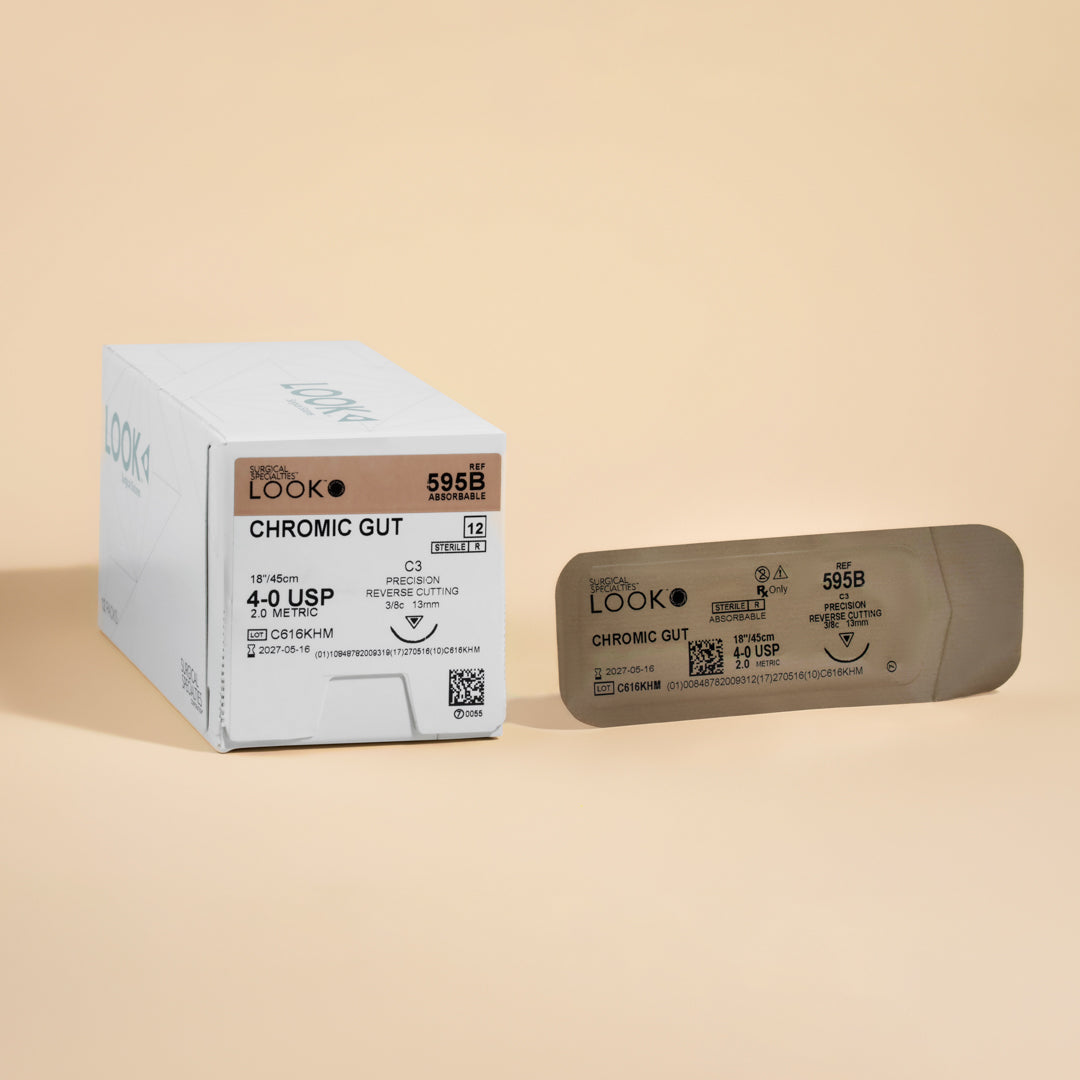 Box of 4-0 Chromic Gut sutures with a C-3 precision reverse cutting needle, model 595B, emphasizing the 2-week wound support duration and featuring a QR code for easy reference. The packaging highlights its sterility and absorbable nature tailored for effective wound management.