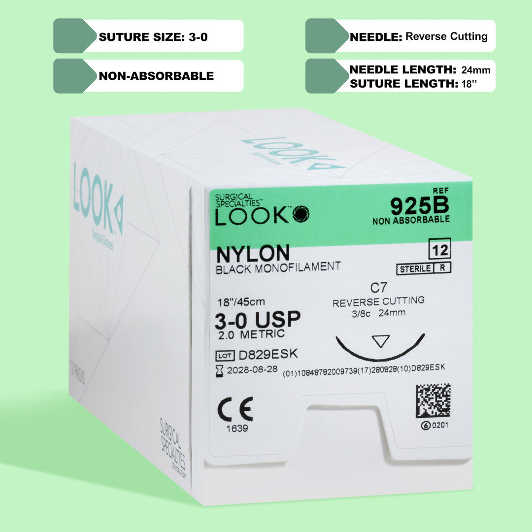 Box of 3-0 Nylon Black sutures with a C-7 reverse cutting needle, model 925B, indicating a non-absorbable suture material designed for permanent tissue approximation. The packaging features a QR code for easy product identification and underscores the suture's suitability for a wide range of surgical applications.