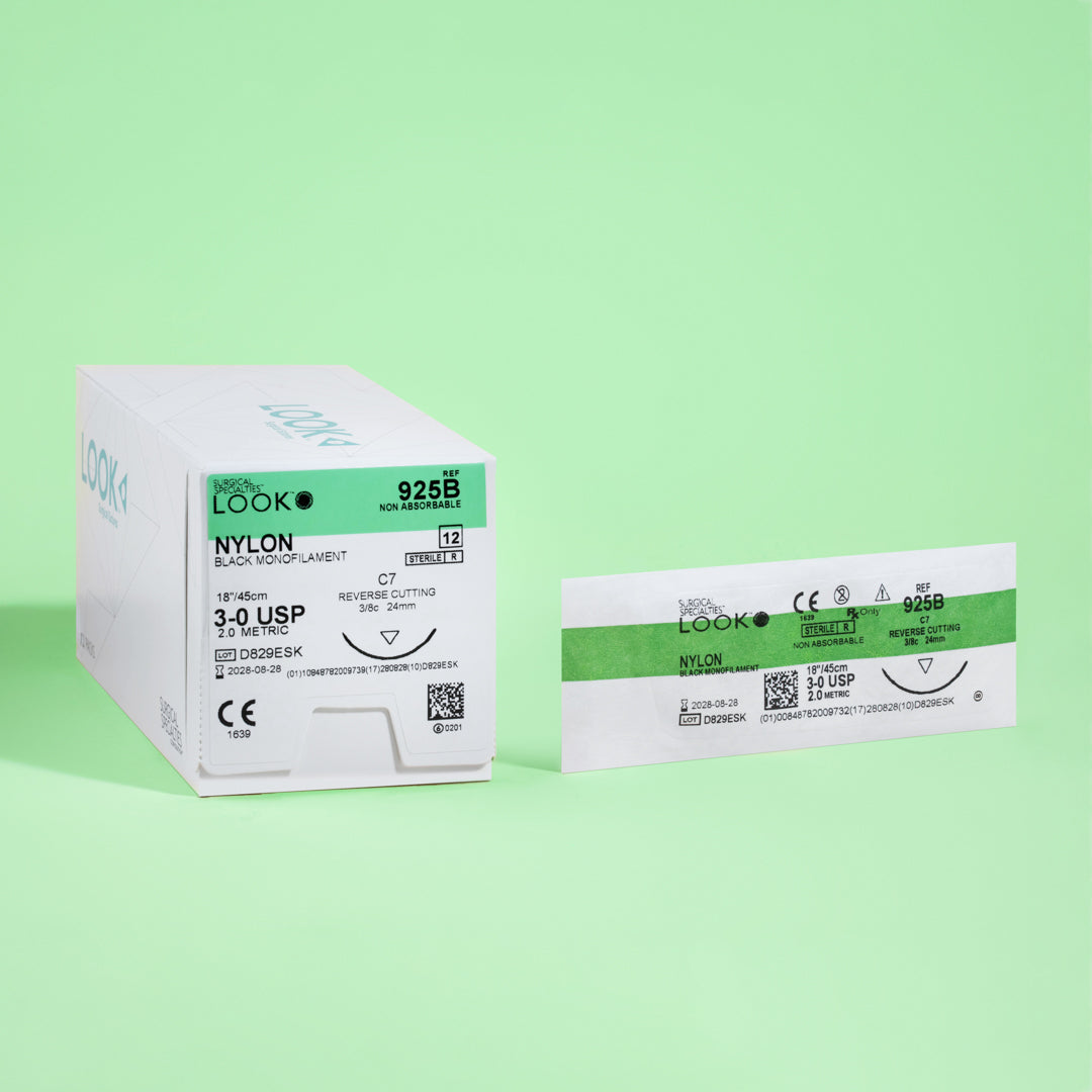 Box of 3-0 Nylon Black sutures with a C-7 reverse cutting needle, model 925B, indicating a non-absorbable suture material designed for permanent tissue approximation. The packaging features a QR code for easy product identification and underscores the suture's suitability for a wide range of surgical applications.