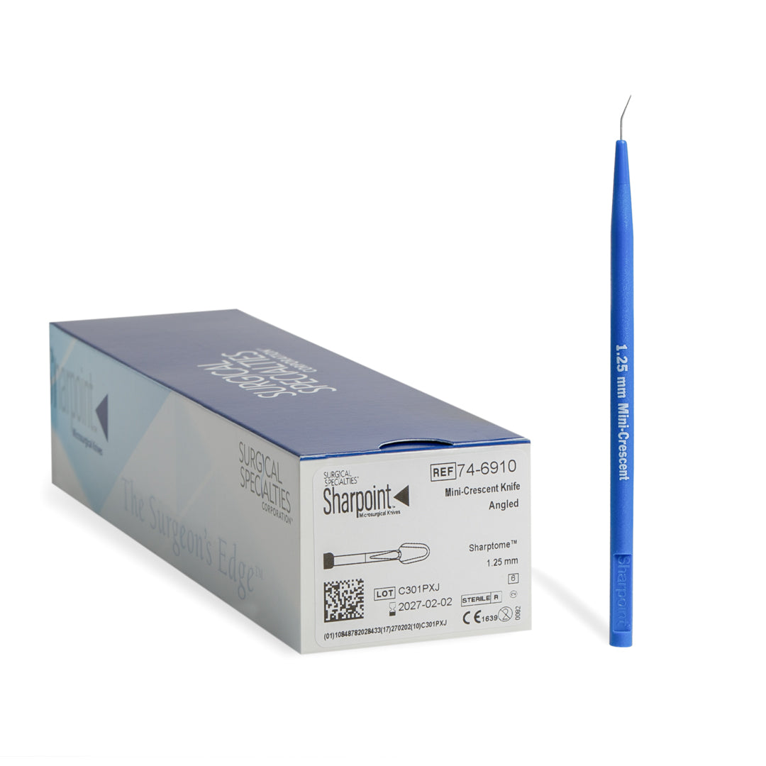 Sharpoint microsurgery mini-crescent knife with a 1.25 mm blade for precise micro and ophthalmic incisions, 6 per pack.