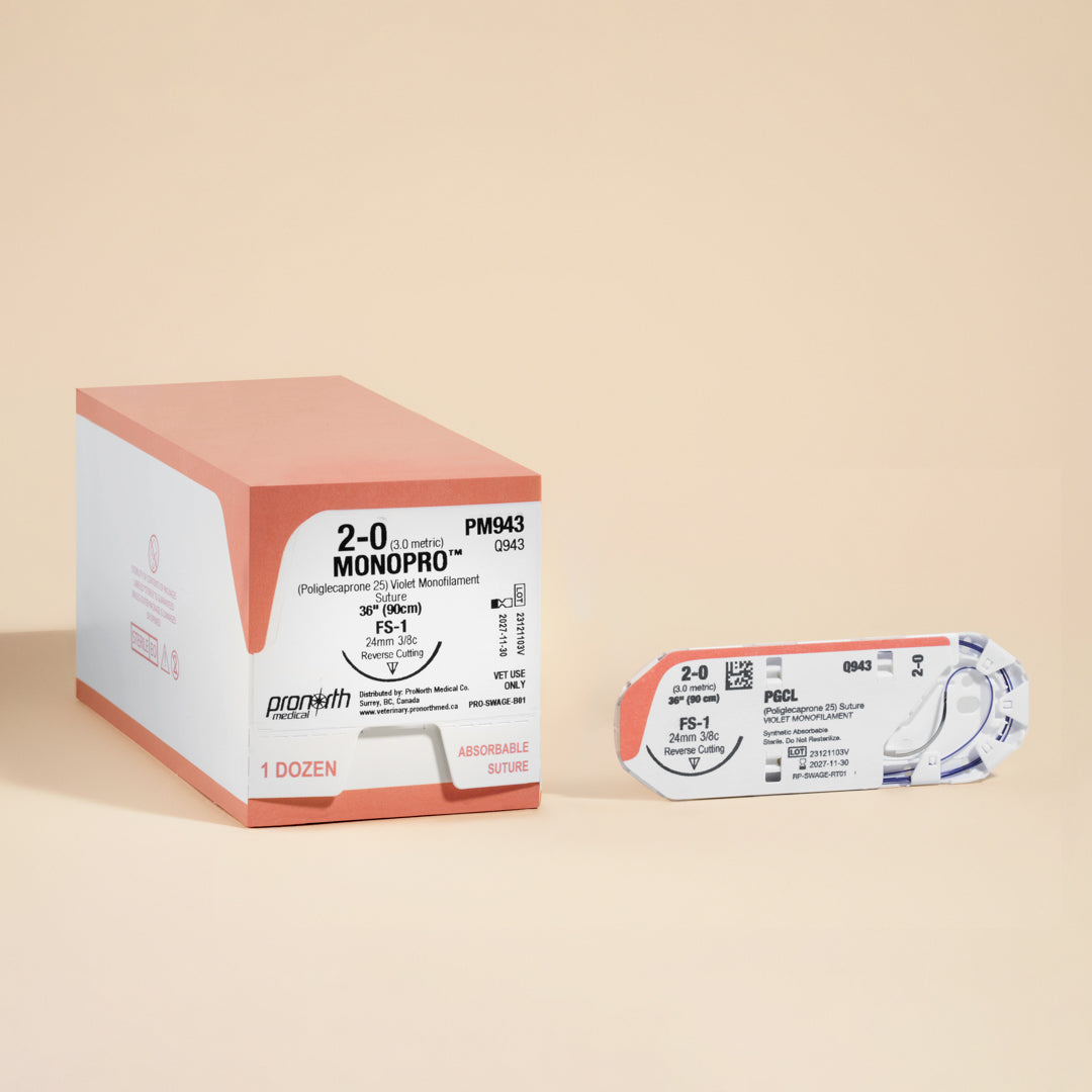 A display featuring a box and an individual pack of 2-0 MONOPRO Violet 36" FS-1 Needle sutures. The box is marked with the product reference PM943 and details the suture's specifications, such as size, length, and needle type. The packaging underlines its absorbable nature and suitability for veterinary use, highlighting MONOPRO's role in delivering high-quality suture materials for surgical precision and patient care.