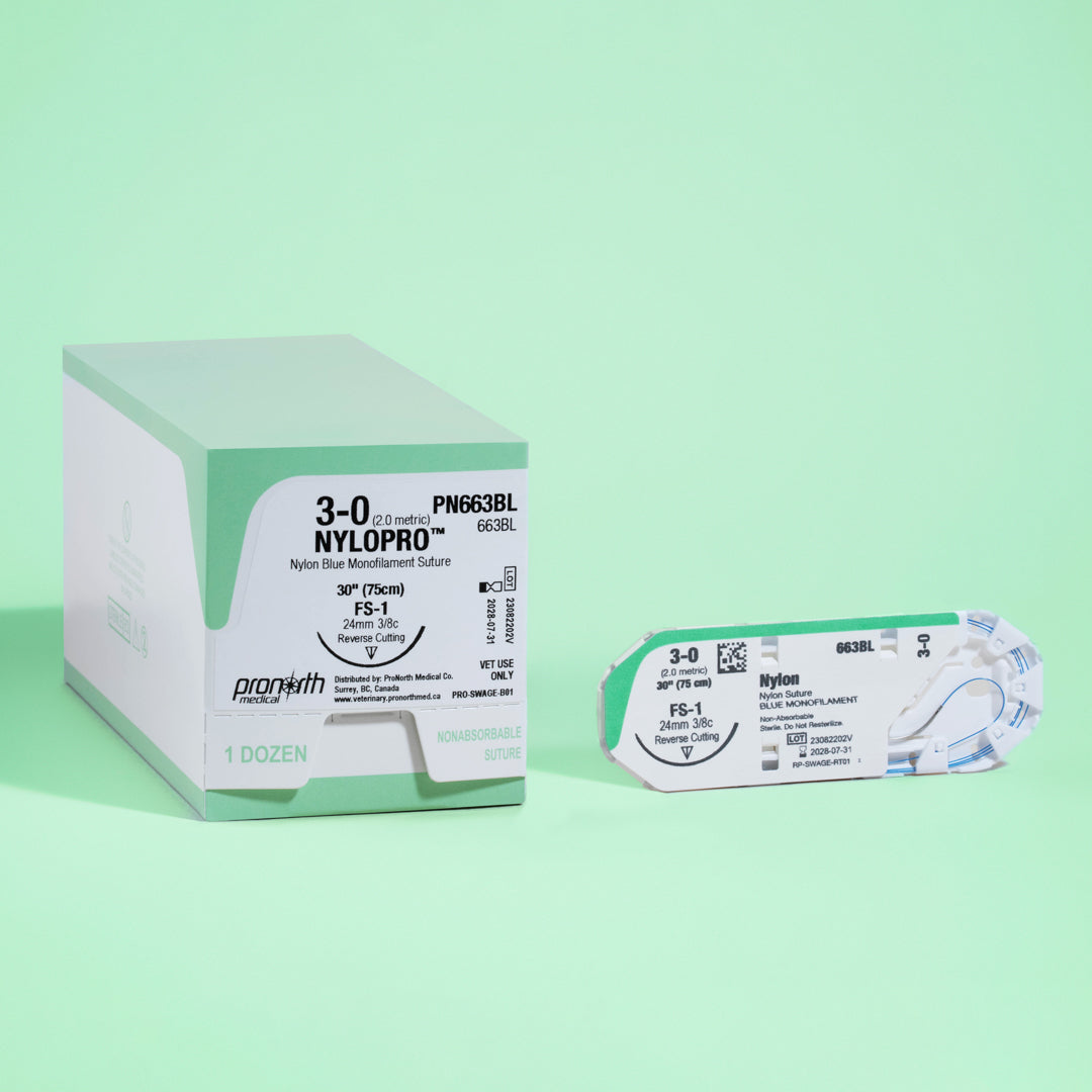 A box of 3-0 NYLOPRO with a 30-inch FS-1 reverse cutting needle, showcasing the blue nylon monofilament suture designed for non-absorbable surgical applications. The packaging is marked with the reference PN663BL, indicating its specifications and the manufacturer's details, emphasizing its suitability for veterinary use.