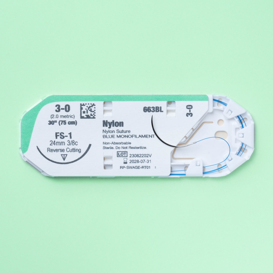 A box of 3-0 NYLOPRO with a 30-inch FS-1 reverse cutting needle, showcasing the blue nylon monofilament suture designed for non-absorbable surgical applications. The packaging is marked with the reference PN663BL, indicating its specifications and the manufacturer's details, emphasizing its suitability for veterinary use.