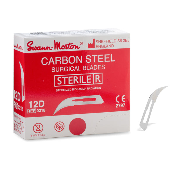 Swann-Morton #12D carbon steel surgical blade in sterile packaging, a curved blade for precise incisions.