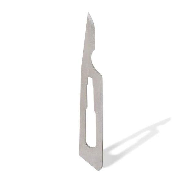 Swann-Morton #15C Carbon Steel Surgical Blade, featuring an extended blade for periodontal procedures, in sterile packaging.
