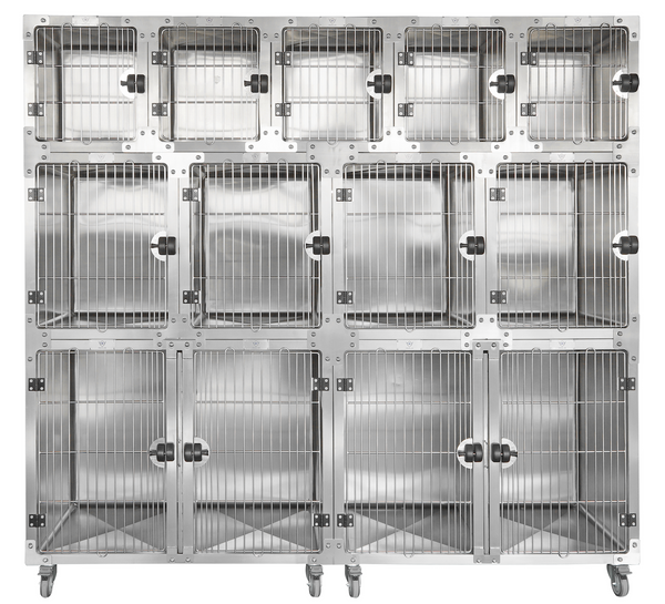 Stainless steel veterinary cages and housing modules for animal hospitals and clinics.