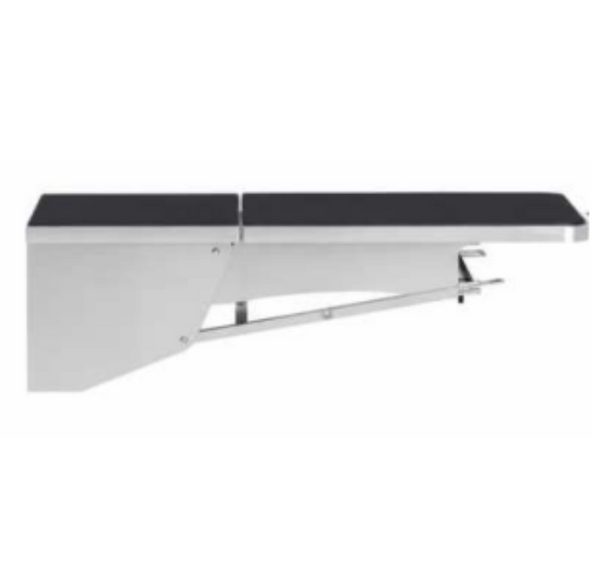 Wall-mounted folding dental prep table shown deployed from the side with padded top and support strut