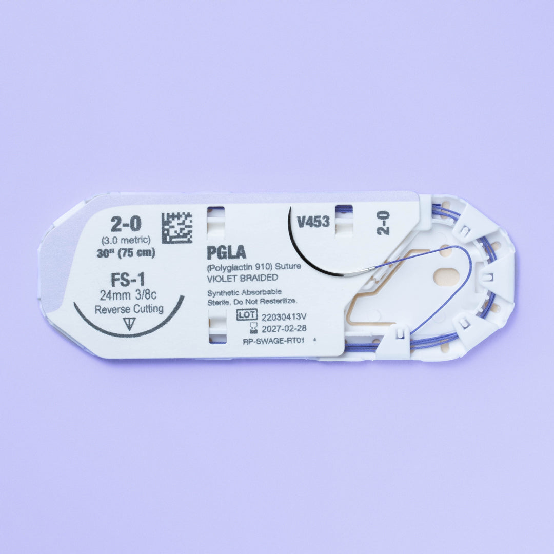 Close-up of the 2-0 VILET® Violet Braided Suture with FS-1 Needle (V453) in sterile packaging, highlighting the suture's specifications and readiness for use in veterinary surgical practices.