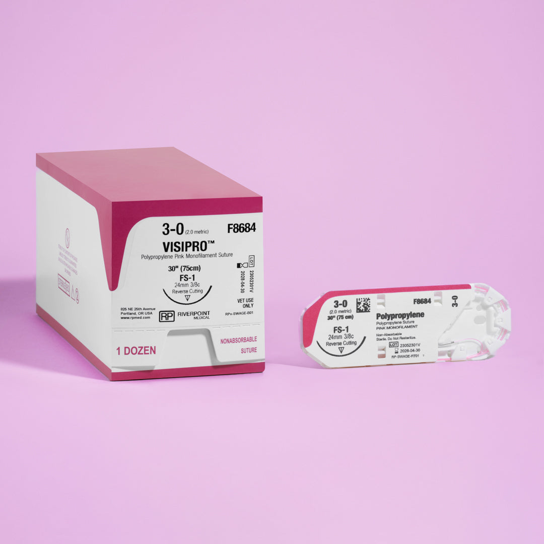Photograph featuring the 3-0 ViSIPRO™ Polypropylene 30" FS-1 Needle (F8684) next to its open sterile packaging, illustrating the suture's specifications and preparation for use in specialized veterinary surgeries, produced by Riverpoint Medical.
