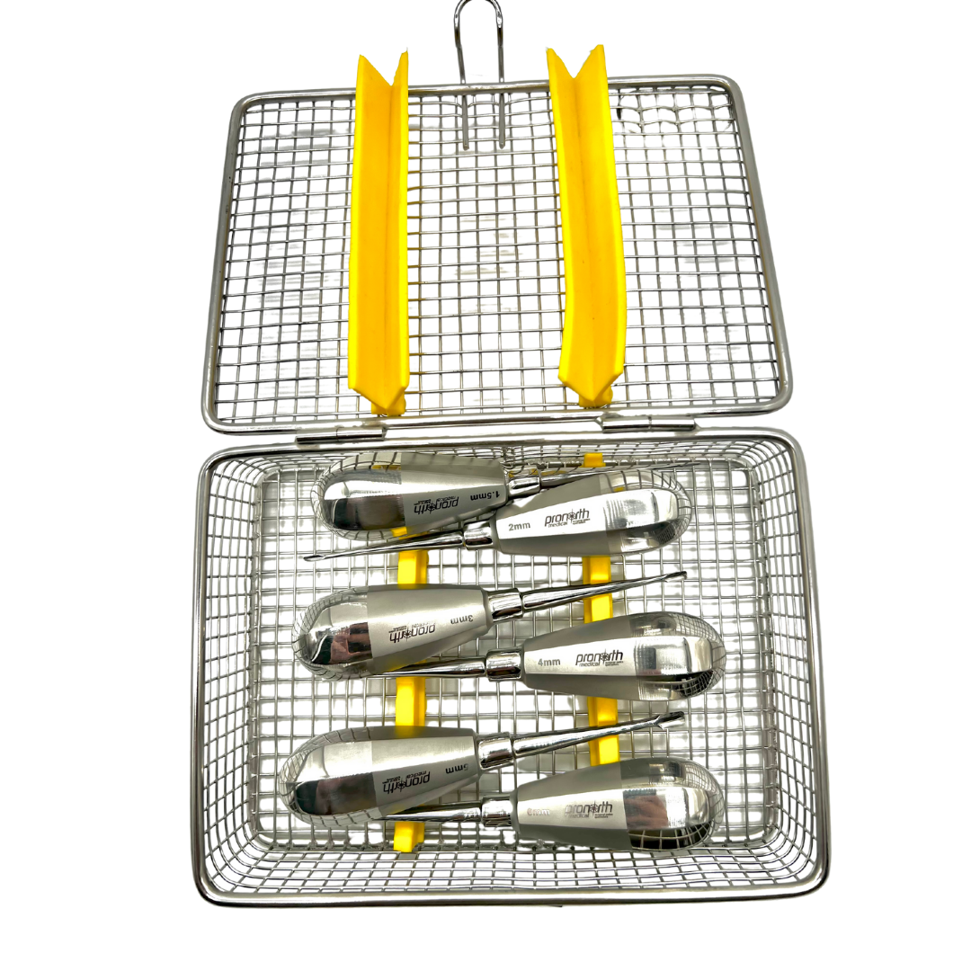 The open stainless steel cassette housing the Winged Elevators set, illustrating an organized and protective storage solution for these dental tools