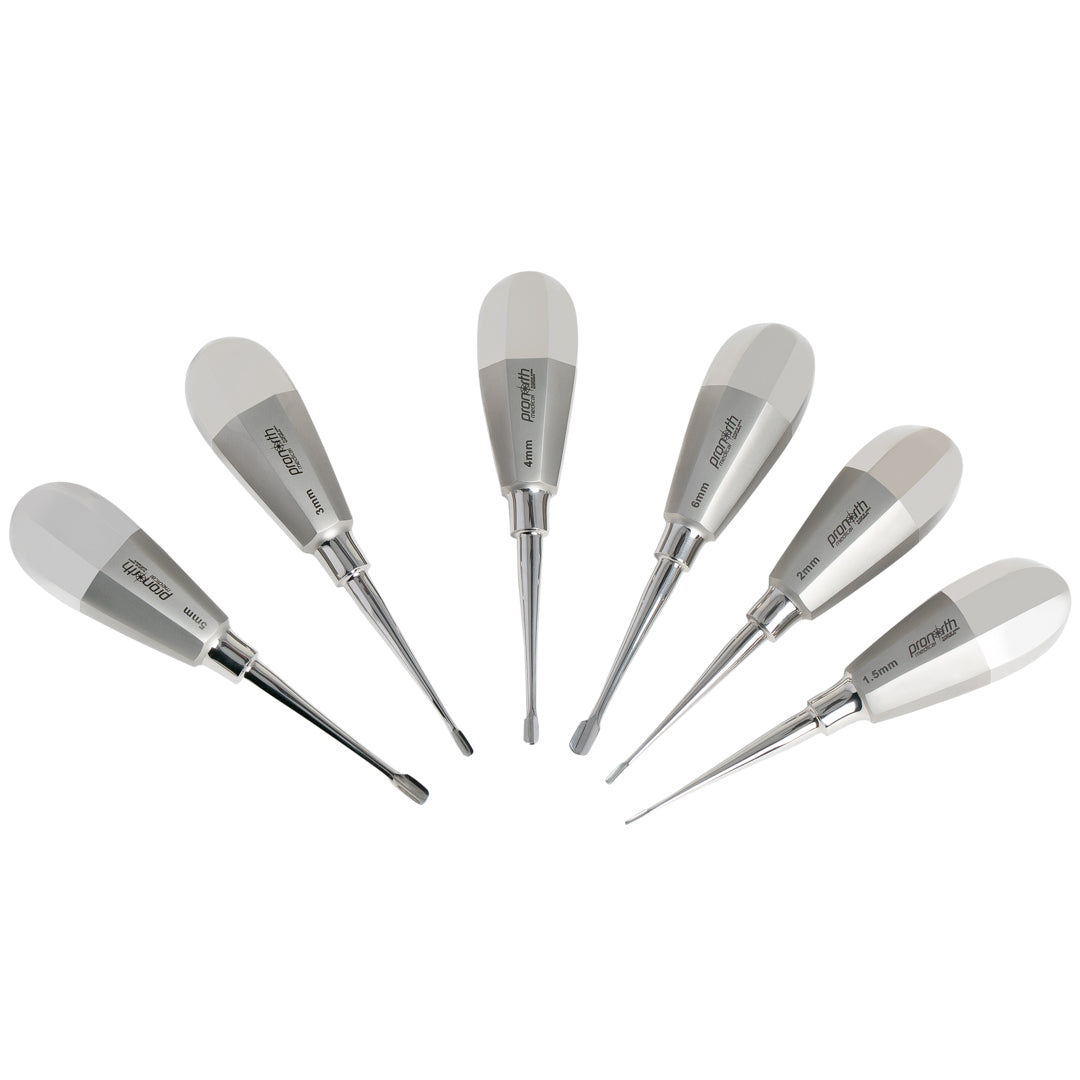 Assortment of Luxating Non-Winged Elevators in various sizes from 1mm to 5mm, displayed against a white background, showcasing their sleek design and precision tips for dental procedures.