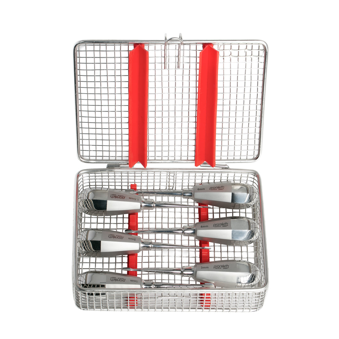 The Luxating Non-Winged Elevators set neatly arranged in an open stainless steel cassette with red silicone holders, offering a comprehensive toolset for dental professionals.