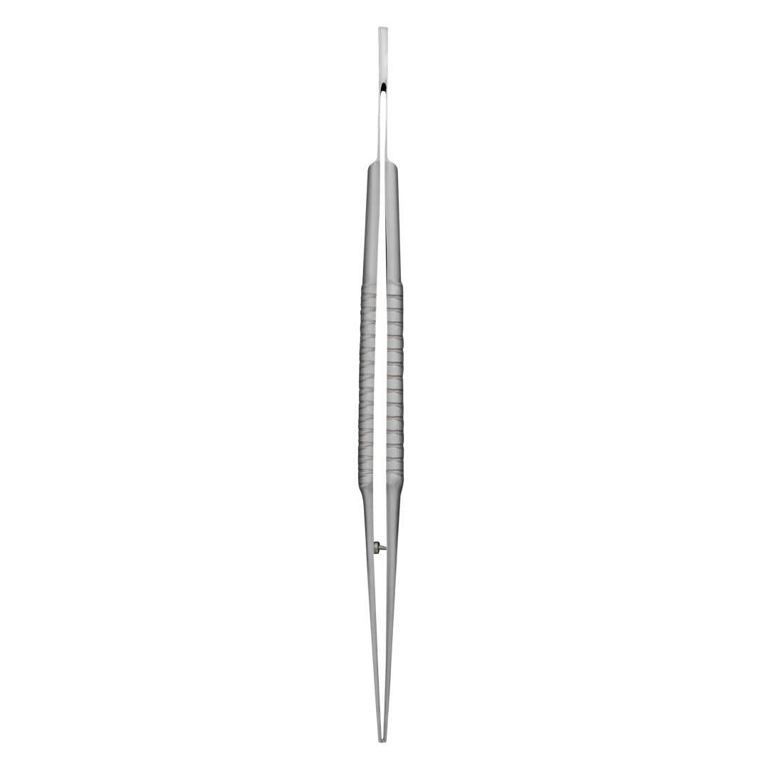 Stainless steel tissue forceps with 1x2 teeth, pencil grip design, and atraumatic anti-crushing post for delicate tissue manipulation