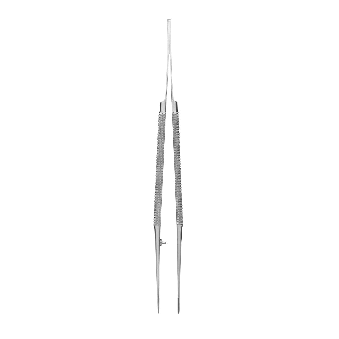 Stainless steel serrated tissue forceps, 17.25cm, with non-slip gripping surface and extra fine serrations for precise tissue handling