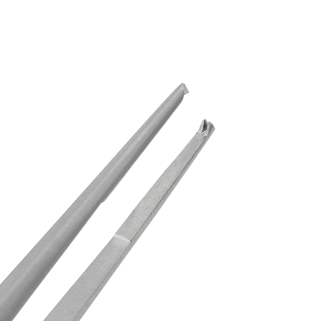 Stainless steel tissue forceps with 1x2 teeth, pencil grip design, and atraumatic anti-crushing post for delicate tissue manipulation