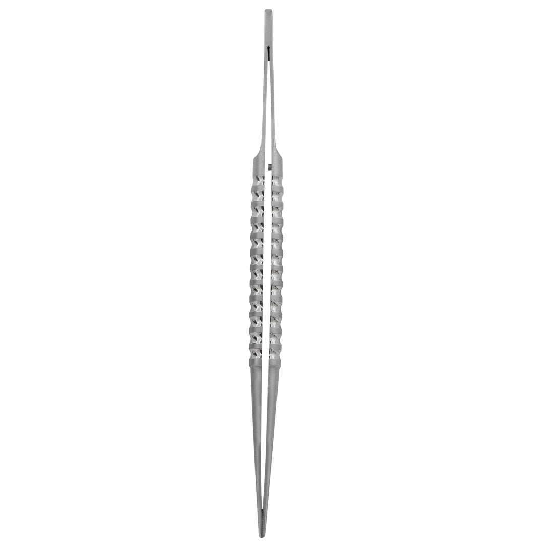 Detailed view of the tip of PrecisionGrip™ Tissue Forceps, highlighting the atraumatic anti-crushing post and fine serrations.