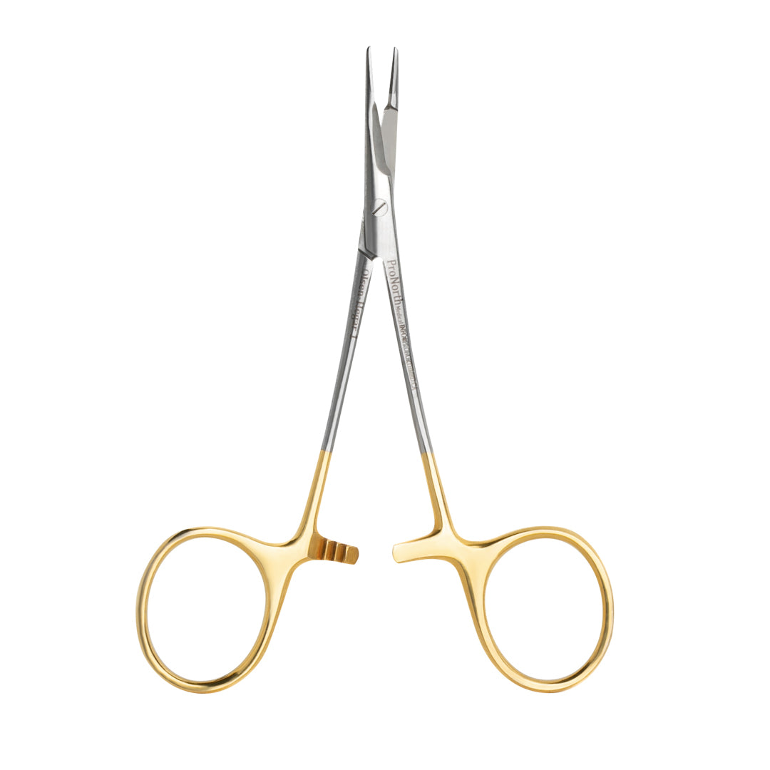 Olsen Hegar Needle Holder with tungsten carbide jaws and integrated scissors, featuring a gold and silver design, isolated on a white background