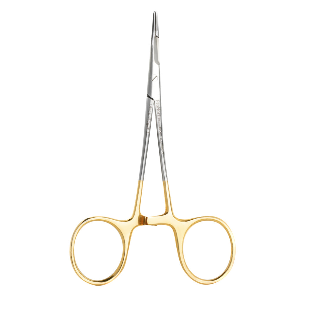 Side view of the Olsen Hegar Needle Holder, showcasing the ergonomic design and textured tungsten carbide jaws for superior grip