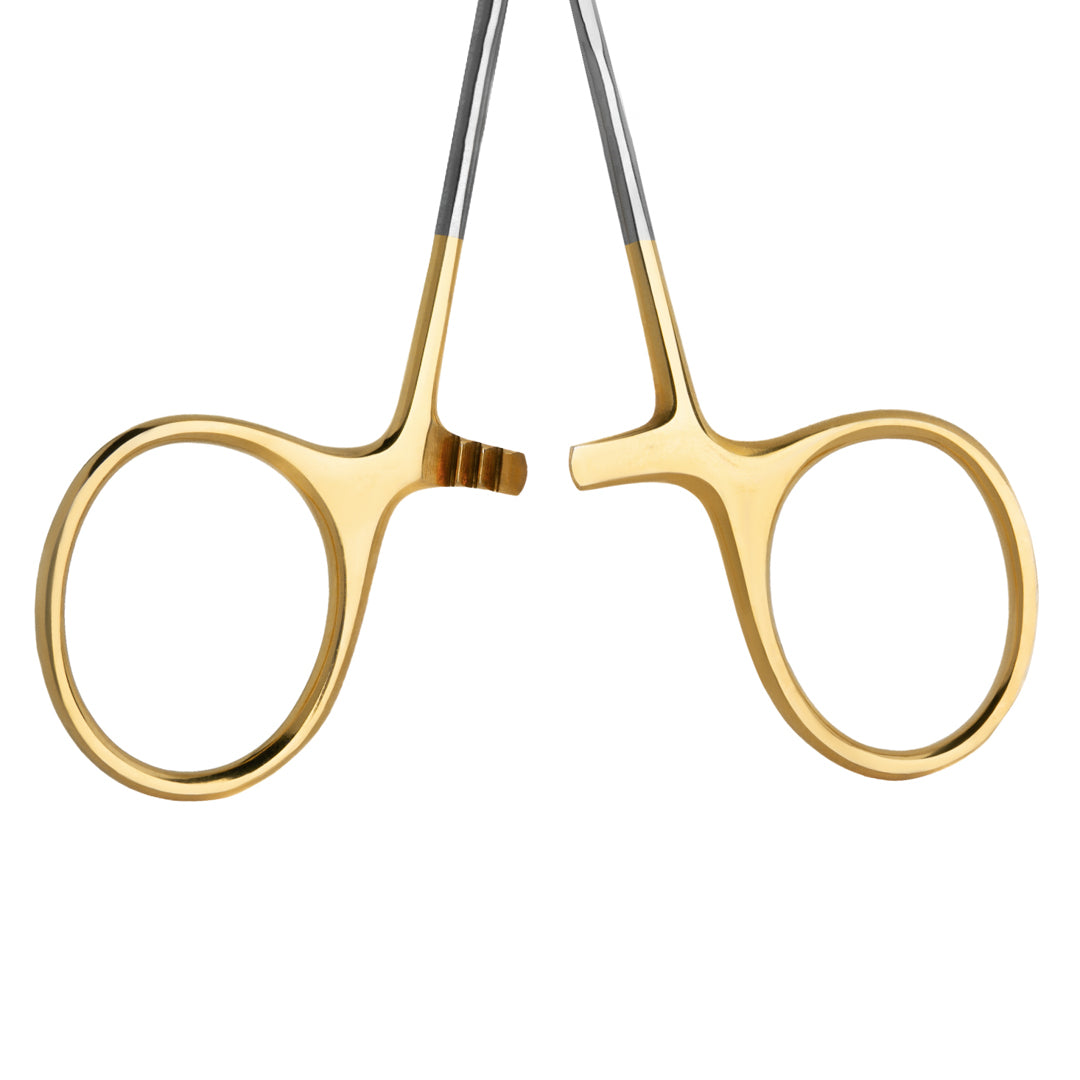Detailed view of the Olsen Hegar Needle Holder's handle and ratchet closure mechanism, accentuated with gold plating