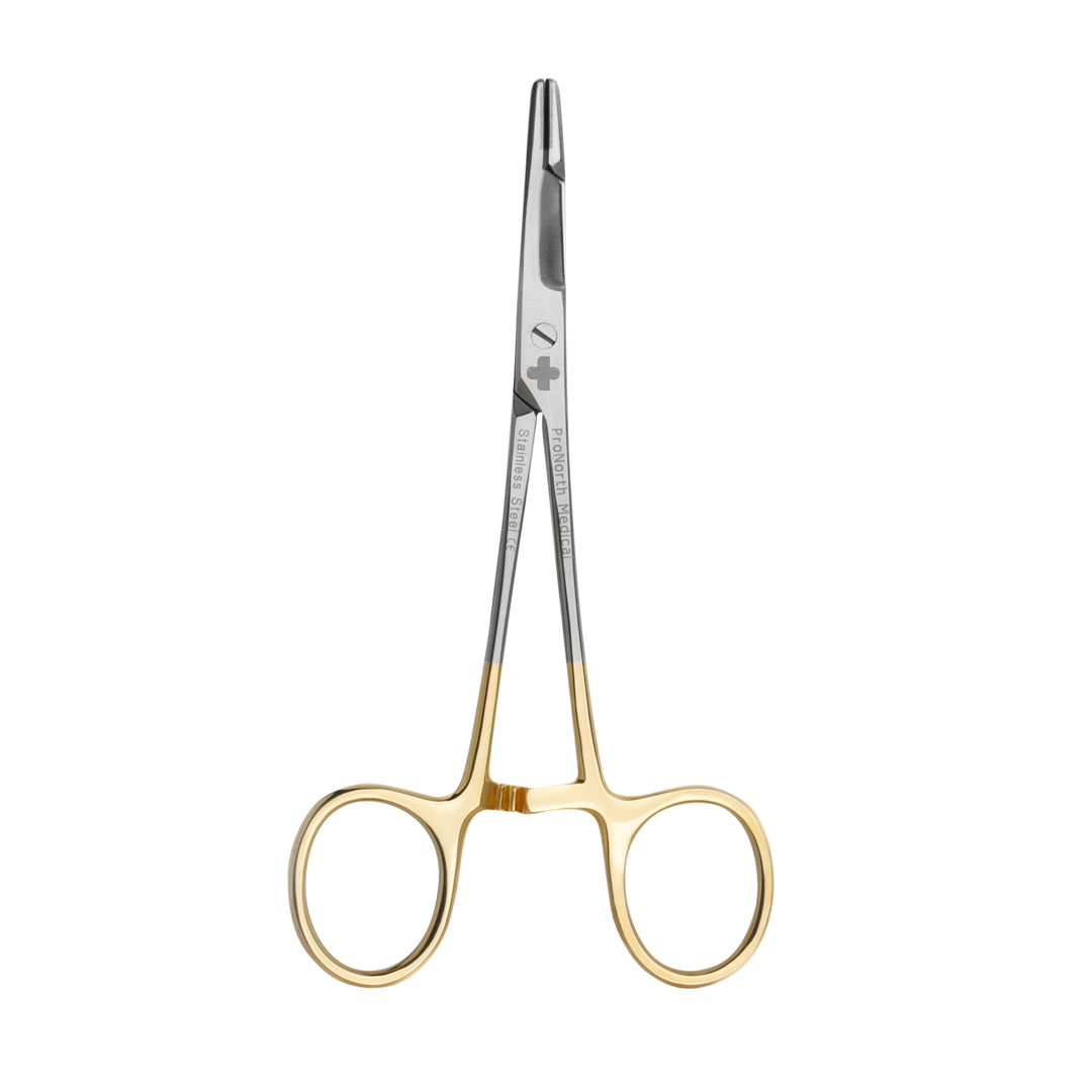 Profile view of the 5.5-inch Olsen Hegar Needle Holder, demonstrating the integration of scissors for a versatile surgical instrument.