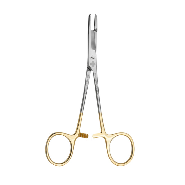 Elegant 5.5-inch Olsen Hegar Needle Holder with integrated scissors and gold-plated handles, showcasing its sleek design against a white background
