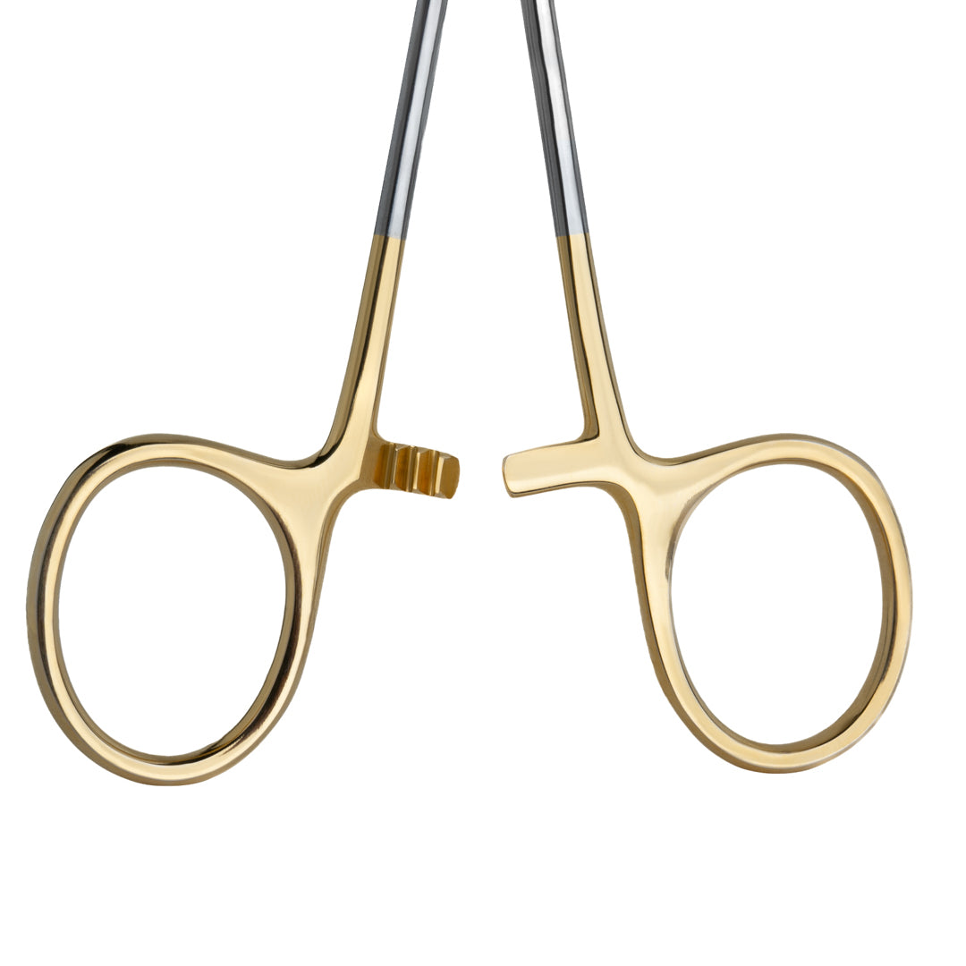 Focus on the gold-plated, ergonomic handles of the Olsen Hegar Needle Holder, emphasizing comfort and precision in use.