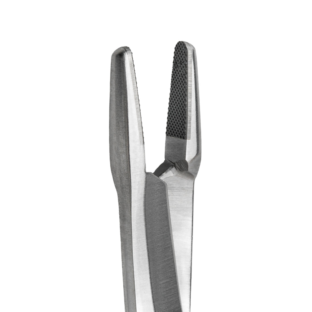 Close-up view of the Olsen Hegar Needle Holder's tungsten carbide jaws, highlighting the textured gripping surface for superior control.