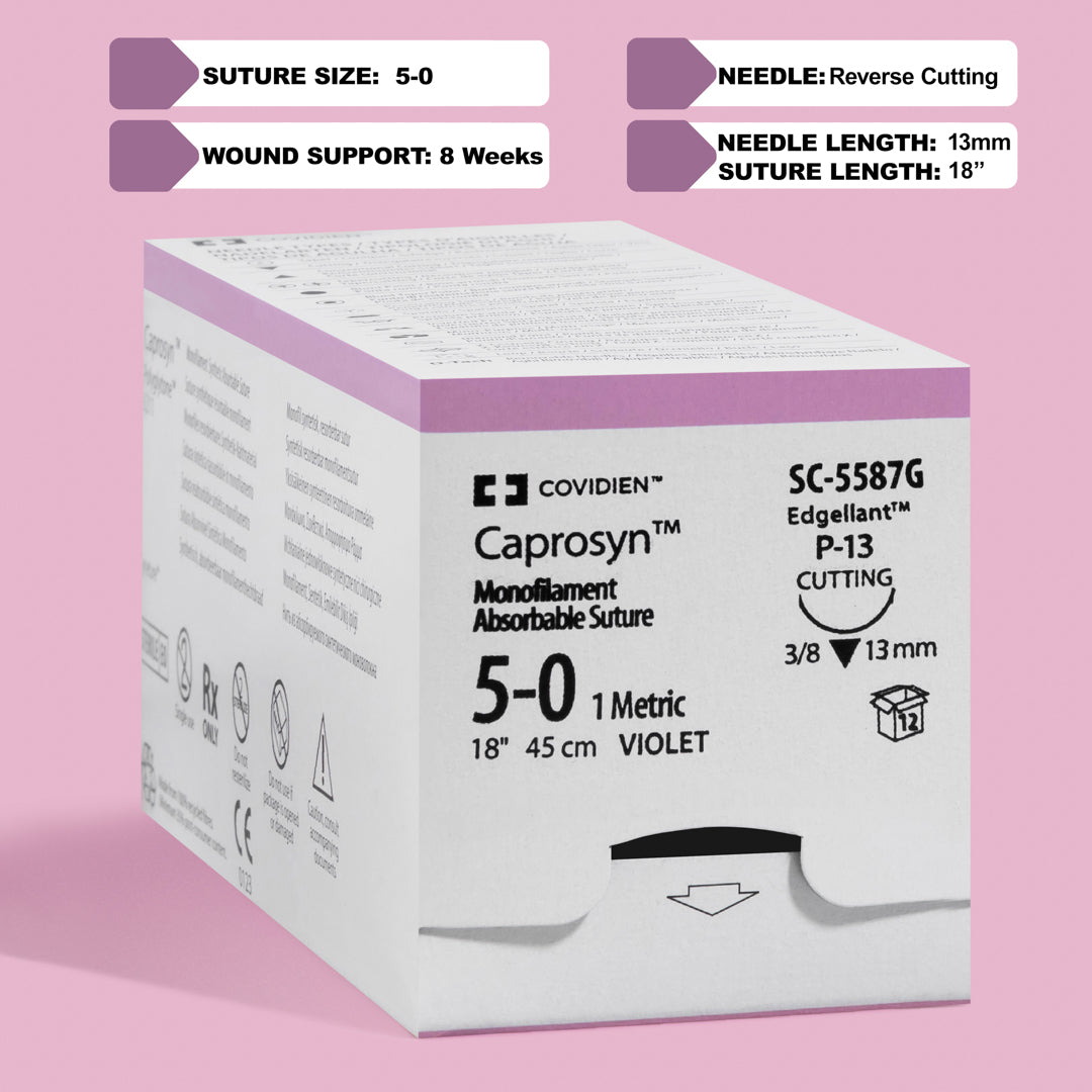 Image displaying Covidien's CAPROSYN Monofilament Absorbable Suture box, model SC5587G, in violet. The box highlights key information such as suture size 5-0, needle type P-13 reverse cutting, and suture length of 18 inches, with symbols indicating its absorbable nature and monofilament composition.