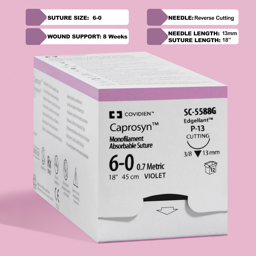 Image of Covidien's CAPROSYN Monofilament Absorbable Suture packaging, labeled SC5588G. The box is highlighted in shades of purple and white, denoting the violet-colored, 6-0 gauge, 18-inch suture with a P-13 reverse cutting needle. The packaging emphasizes its monofilament and absorbable nature, suitable for precise surgical applications.